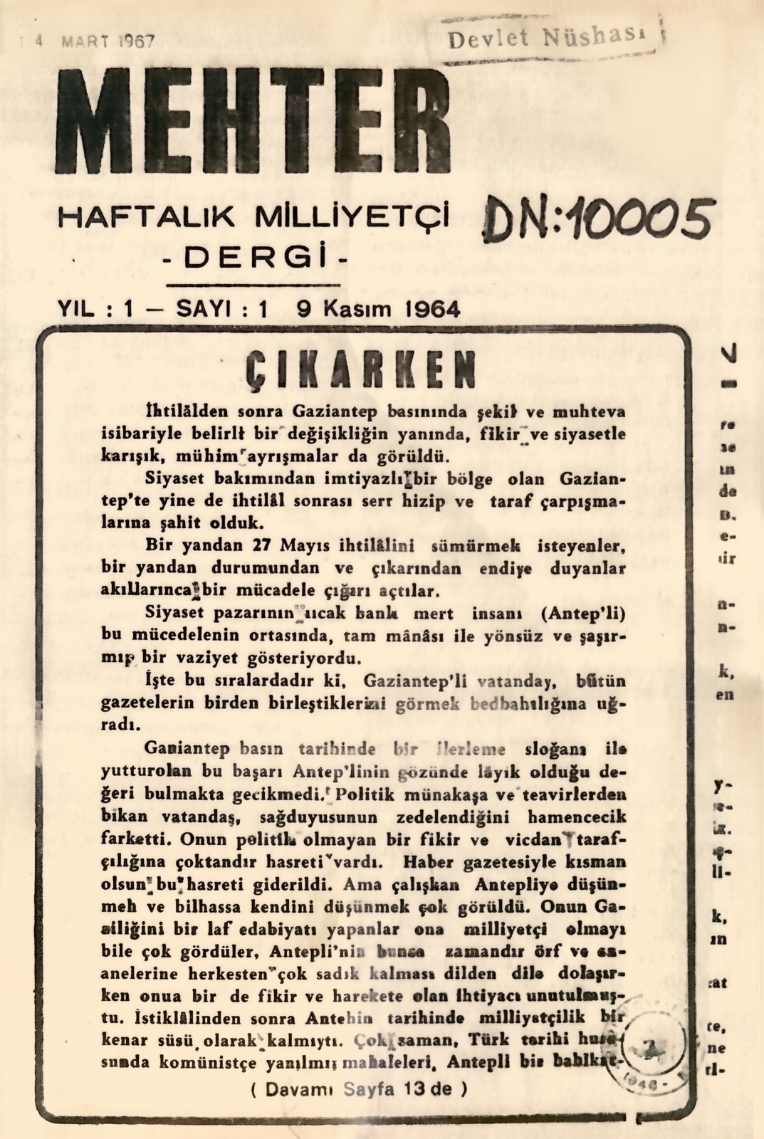 MEHTER DERGİSİ (HAFTALIK MİLLİYETÇİ DERGİ) (9 Kasım 1964-2 Şubat 1965)